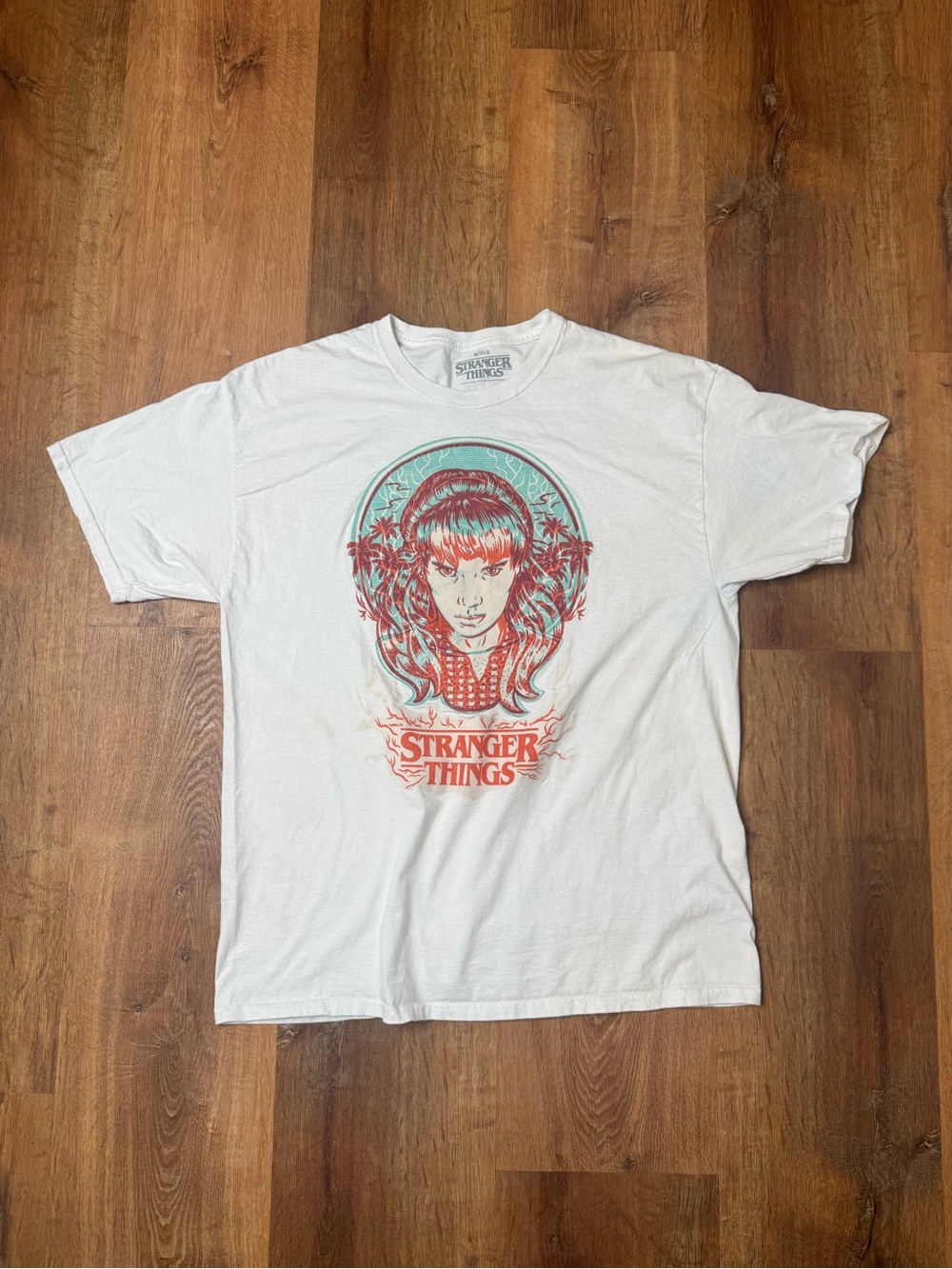 Netflix White Short-Sleeve Tee with Red and Teal Stranger Things Graphic